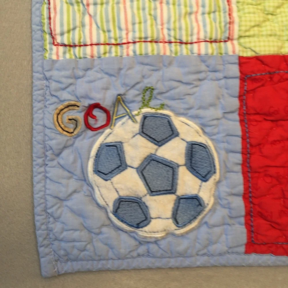 Carters Child of Mine Baby Quilt Blanket Blue Sports Puppy Patchwork Cotton